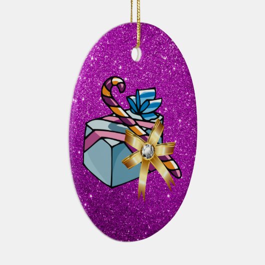  kerstcadeautje en roze faux glitter keramisch ornament (Rechts)