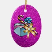  kerstcadeautje en roze faux glitter keramisch ornament (Voorkant)