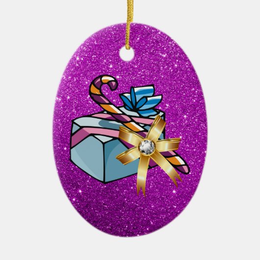  kerstcadeautje en roze faux glitter keramisch ornament (Voorkant)