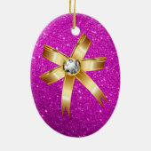  kerstcadeautje en roze faux glitter keramisch ornament (Achterkant)