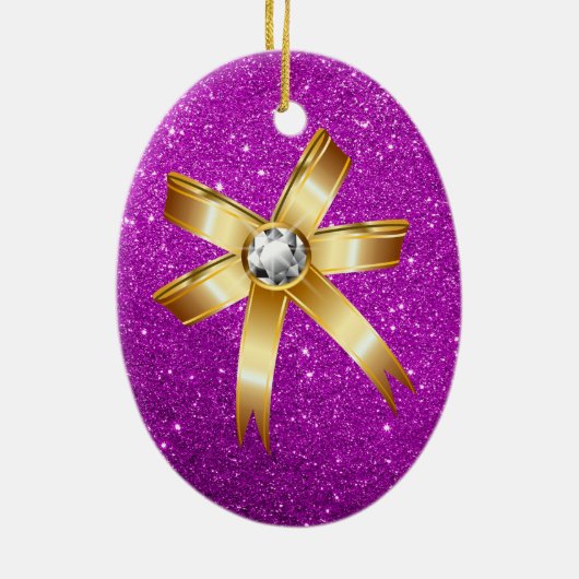  kerstcadeautje en roze faux glitter keramisch ornament (Achterkant)