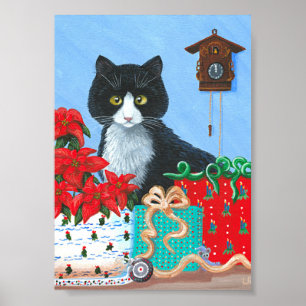Kerstcadeautje Kat Poinsettias Creationarts Poster