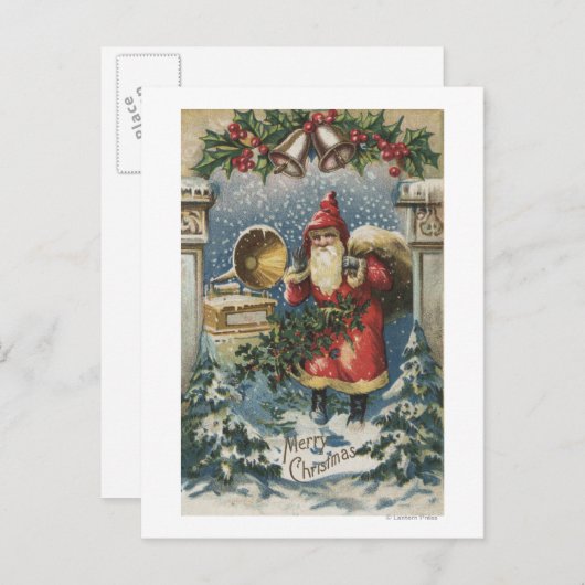 kerstcadeautje, kerstman en recordspeler feestdagenkaart (Voorkant / Achterkant)