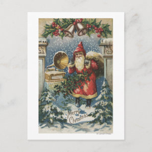 kerstcadeautje, kerstman en recordspeler feestdagenkaart