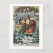 kerstcadeautje, kerstman en recordspeler feestdagenkaart (Voorkant)