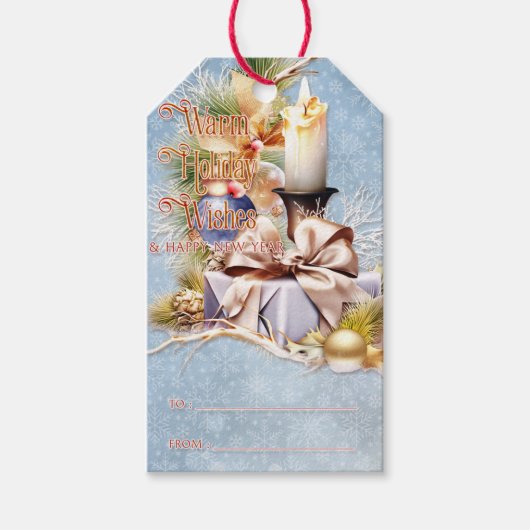 kerstcadeautjes en kaars-warme feestdagen cadeaulabel (Voorkant)