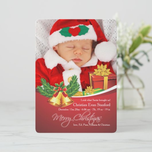 kerstcadeautjes Foto geboorteaankondiging Feestdagenkaart (Staand voorkant)