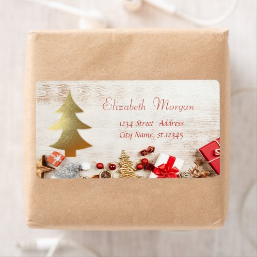 kerstcadeautjes, goudbomen, houtextuur etiket (Insitu)