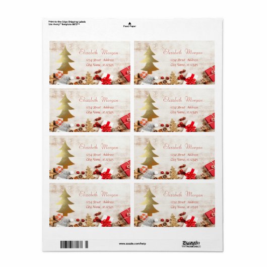 kerstcadeautjes, goudbomen, houtextuur etiket (Full Sheet)