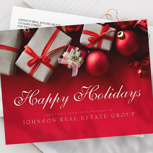 kerstcadeautjes in rood | PRETTIGE FEESTDAGEN Briefkaart