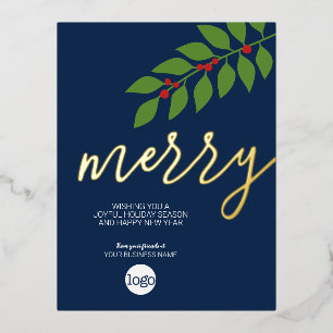 kerstcadeautjes Merry Navy Leaf Gold Folie Feestdagen Briefkaart