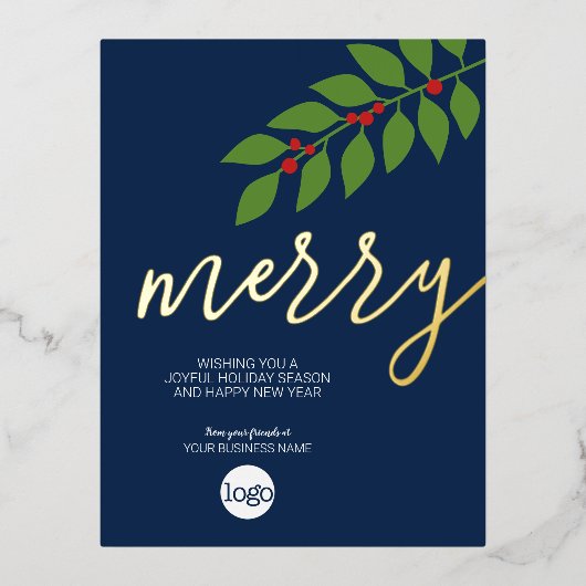 kerstcadeautjes Merry Navy Leaf Gold Folie Feestdagen Briefkaart (Voorkant)