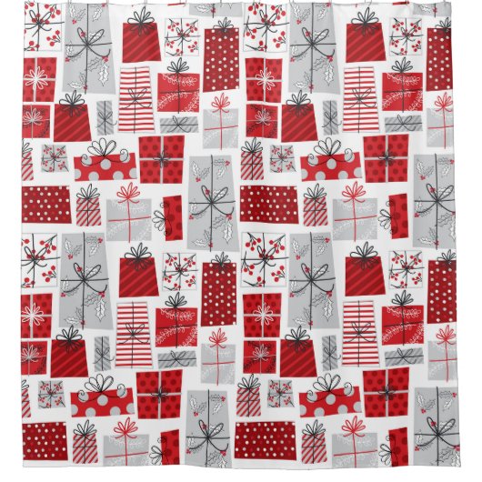 kerstcadeautjes met rode zilveren Feestdagen Douchegordijn (Voorkant)
