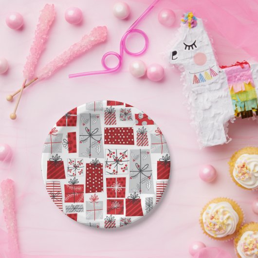 kerstcadeautjes met rode zilveren Feestdagen Papieren Bordje (Feest)