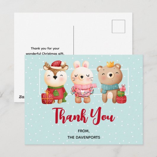 kerstcadeautjes - rendierlijk Beer en konijn Dank Briefkaart (Voorkant / Achterkant)