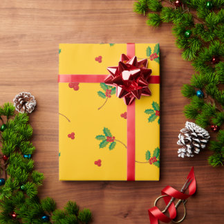 Kerstcadeauverpakkings papier met gele hulstbessen