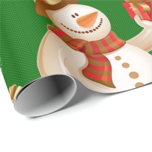 Kerstcadeauverpakkings papier Sneeuwman Groen (Rol Hoek)