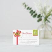 kerstcadekaartje groen rood lint $5 kortingskaartje (Staand voorkant)