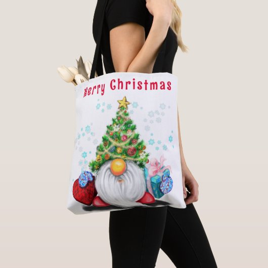 kerstCanvas tas Gnome met cadeau (Dichtbij)
