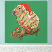 KerstCapybara Family Wrapped in Lights Canvas Afdruk (Insitu (Houten vloer))