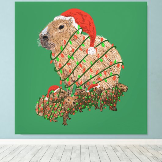 KerstCapybara Family Wrapped in Lights Canvas Afdruk (Insitu (Houten vloer))