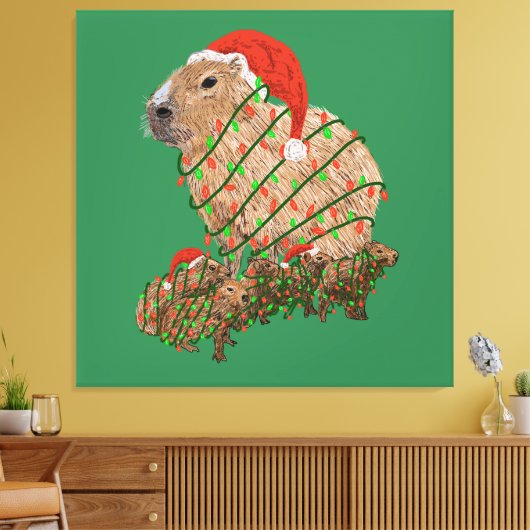 KerstCapybara Family Wrapped in Lights Canvas Afdruk (Insitu (Woonkamer))