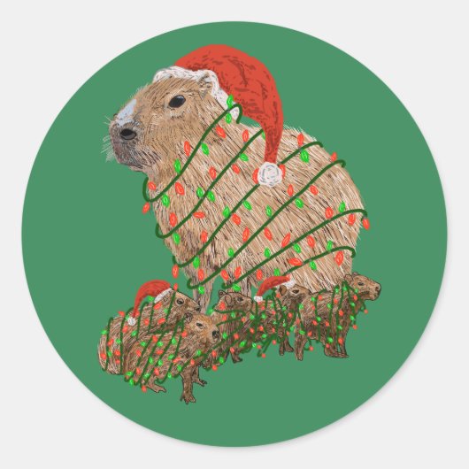 KerstCapybara Family Wrapped in Lights Ronde Sticker (Voorkant)