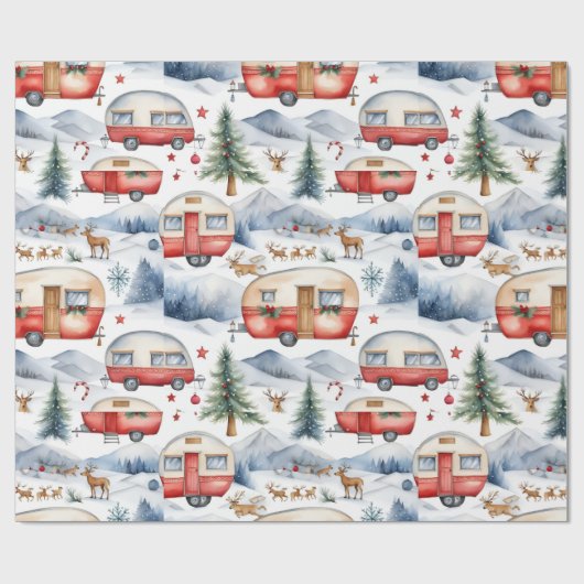 Kerstcaravan, sneeuw, herten cadeaupapier (Vlak)