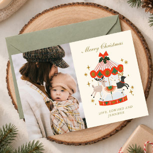 Kerstcarrousel Familie Foto Vakantie Kaart