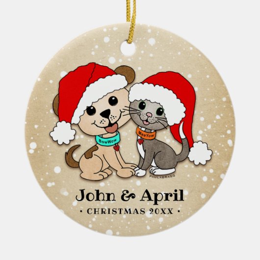 kerstCartoon Cat Dog Keramisch Ornament (Voorkant)