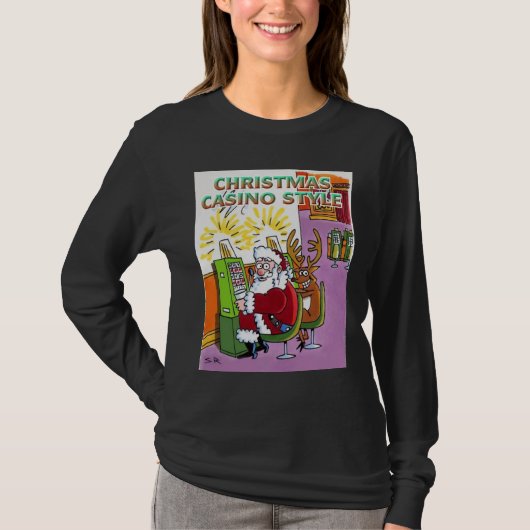 Kerstcasino-achtige vrouwen met zwarte lange slv-s t-shirt (Voorkant)