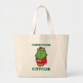kerstcatcus Holiday Cactus Cartoon Design Grote Tote Bag (Voorkant)