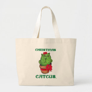 kerstcatcus Holiday Cactus Cartoon Design Grote Tote Bag