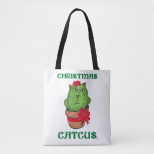 kerstcatcus Holiday Cactus Cartoon Fun Tote Bag