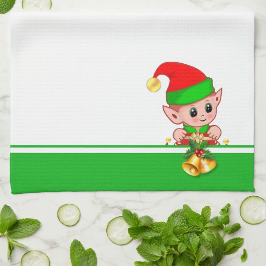 Kerstcellen en Cute Elf op groen en wit Theedoek (Gevouwen)