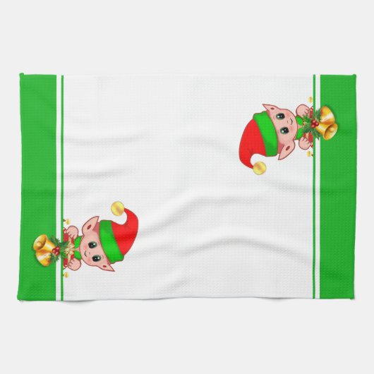 Kerstcellen en Cute Elf op groen en wit Theedoek (Horizontaal)