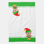 Kerstcellen en Cute Elf op groen en wit Theedoek (Verticaal)