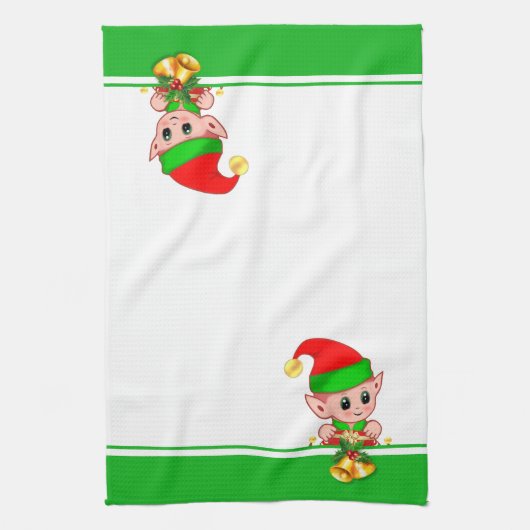 Kerstcellen en Cute Elf op groen en wit Theedoek (Verticaal)