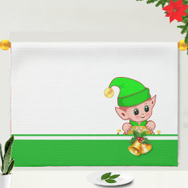 Kerstcellen en Cute Elf op groen en wit Theedoek