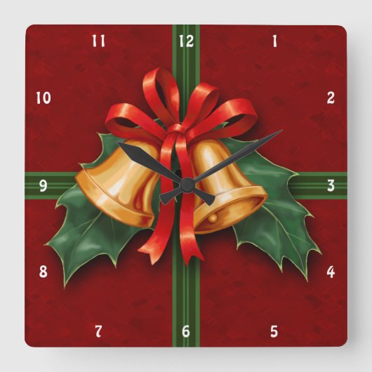 Kerstcellen en Holly Leaves Red Vierkante Klok (Voorkant)
