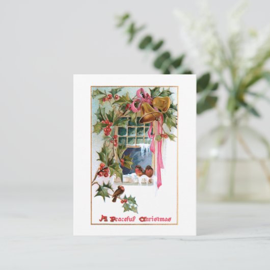 Kerstcellen, lint, heilig en vogels aan het raam briefkaart (Staand voorkant)