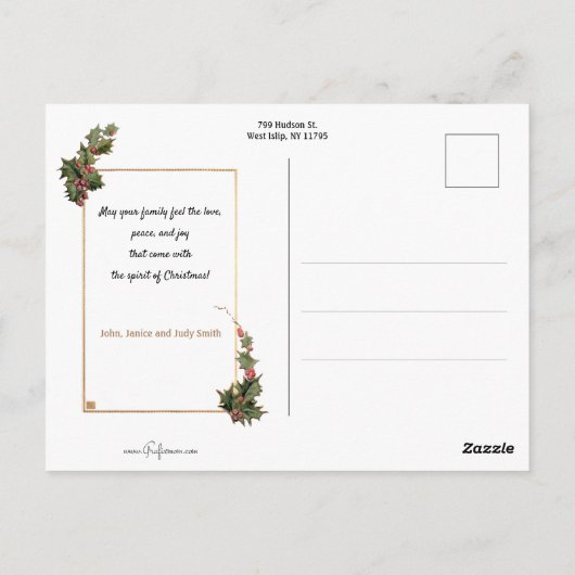 Kerstcellen, lint, heilig en vogels aan het raam briefkaart (Achterkant)