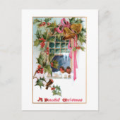 Kerstcellen, lint, heilig en vogels aan het raam briefkaart (Voorkant)