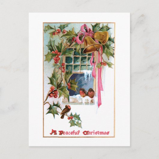 Kerstcellen, lint, heilig en vogels aan het raam briefkaart (Voorkant)