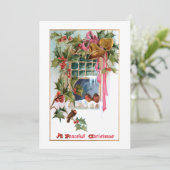 Kerstcellen, lint, heilig en vogels aan het raam feestdagenkaart (Staand voorkant)