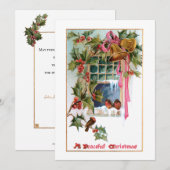 Kerstcellen, lint, heilig en vogels aan het raam feestdagenkaart (Voorkant / Achterkant)