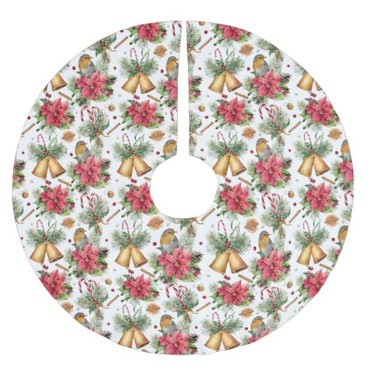 Kerstcellen, vogels en Poinsettias Kerstboom Rok (Voorkant)