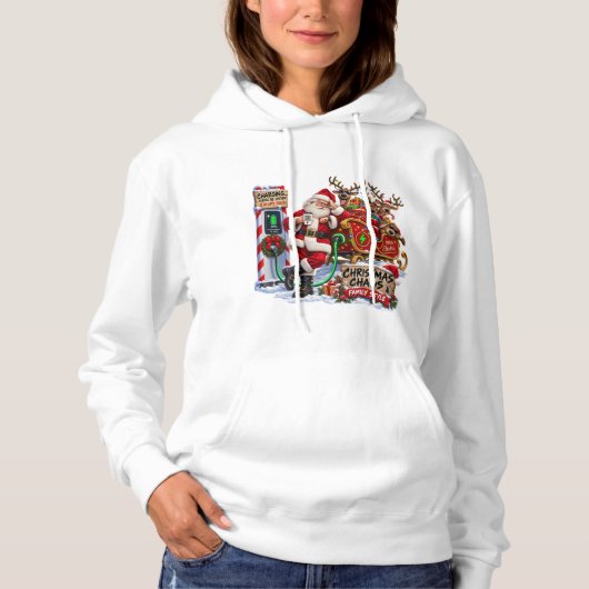 Kerstchaos Kerstman EV Oplaadbaar Funny Hoodie (Voorkant)