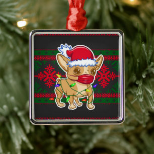Kerstchihuahua met een medisch masker metalen ornament