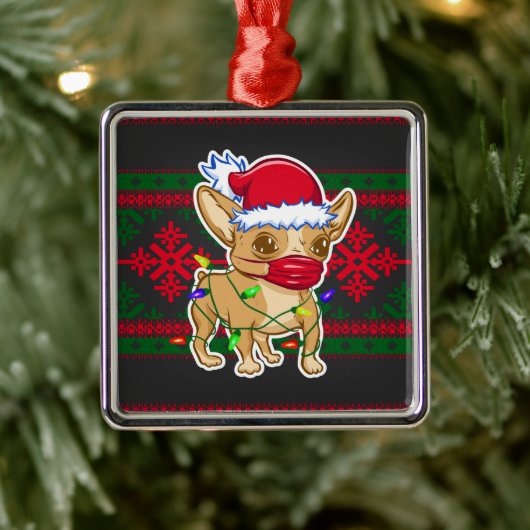 Kerstchihuahua met een medisch masker metalen ornament (Boom)